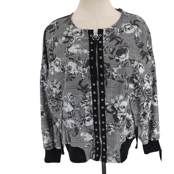 Rachel Roy Woman's Grey Full Zip Bomber Jacket Size 2X Plaid Floral Pockets Edgy - Picture 1 of 11